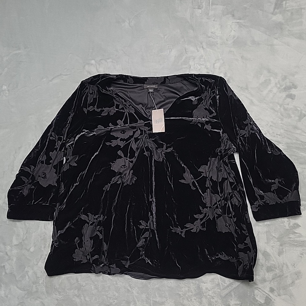 J.Jill Shirt Womens XL Black Wearever Burnout Velvet V-Neck Floral Blouse